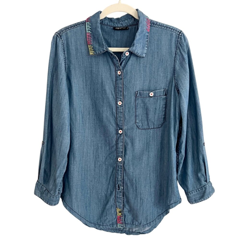 Pastel Chambray Tencel Button Up Shirt Embroidered APNY Size Small